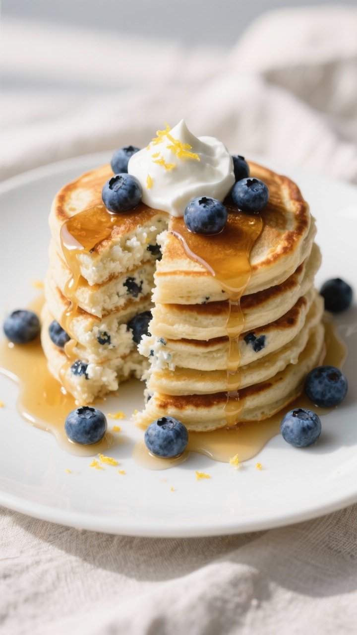 Close-up final plated stack of high-protein blueberry cottage cheese pancakes on a matte white plate