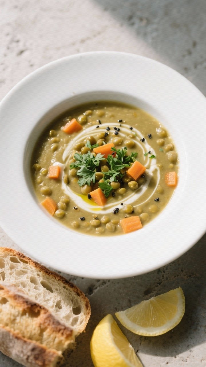 Close-up final presentation of vegan split pea soup ladled into a wide, white bowl: ultra-creamy tex