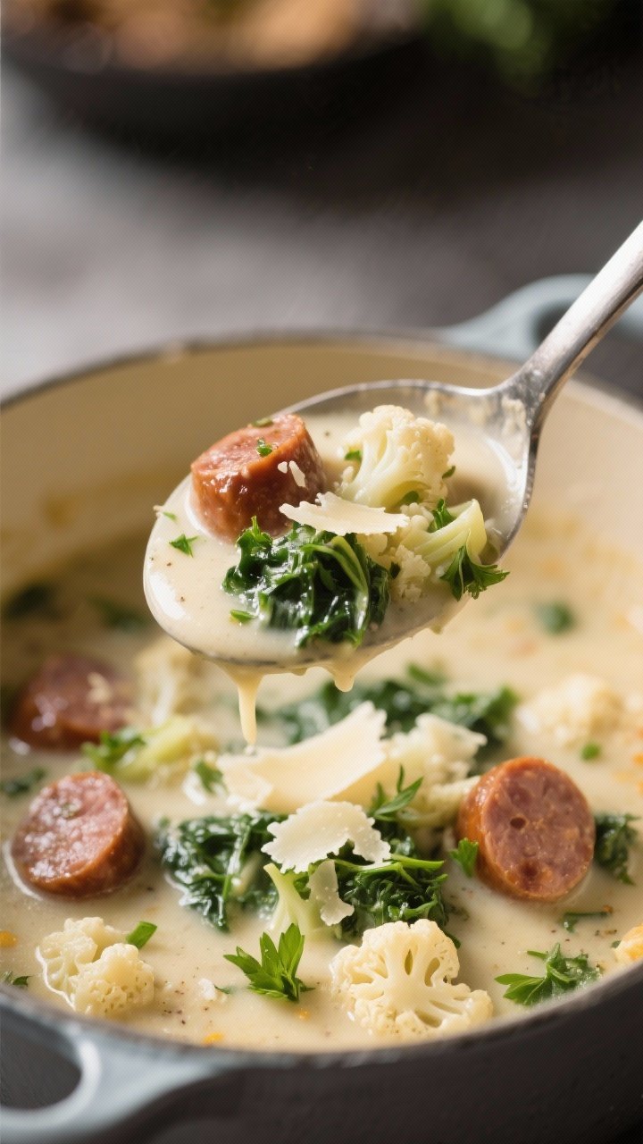 Close-up final presentation: Tight macro of a ladle lifting the finished Keto Zuppa Toscana from the