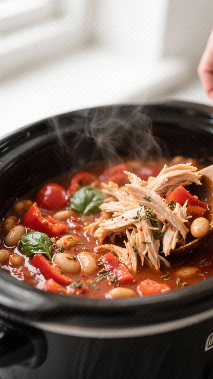 Close-up of shredded chicken being folded back into a rich, simmering tomato-basil chili inside a ma