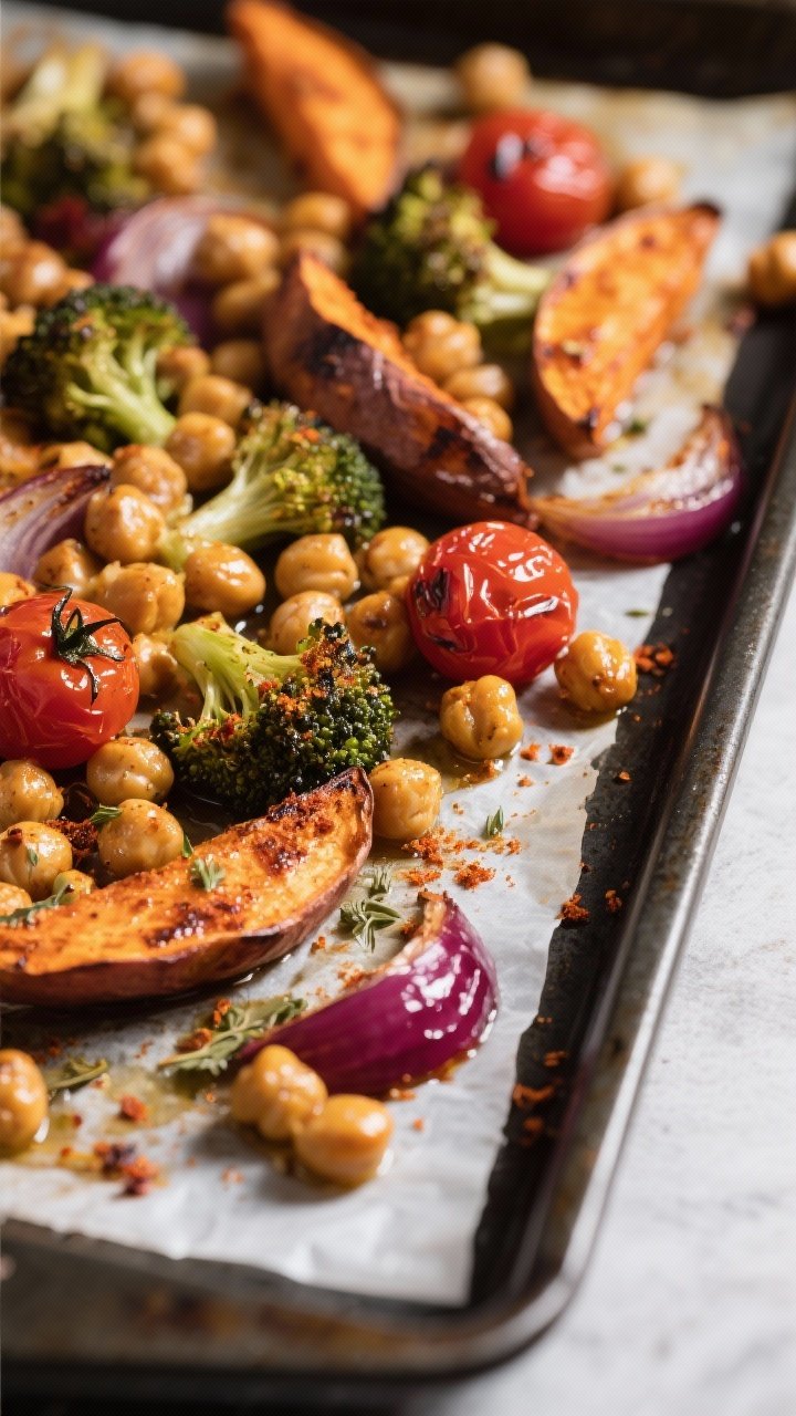 Close-up process detail of the roasted chickpeas and vegetables fresh off the sheet pan: tight crop 