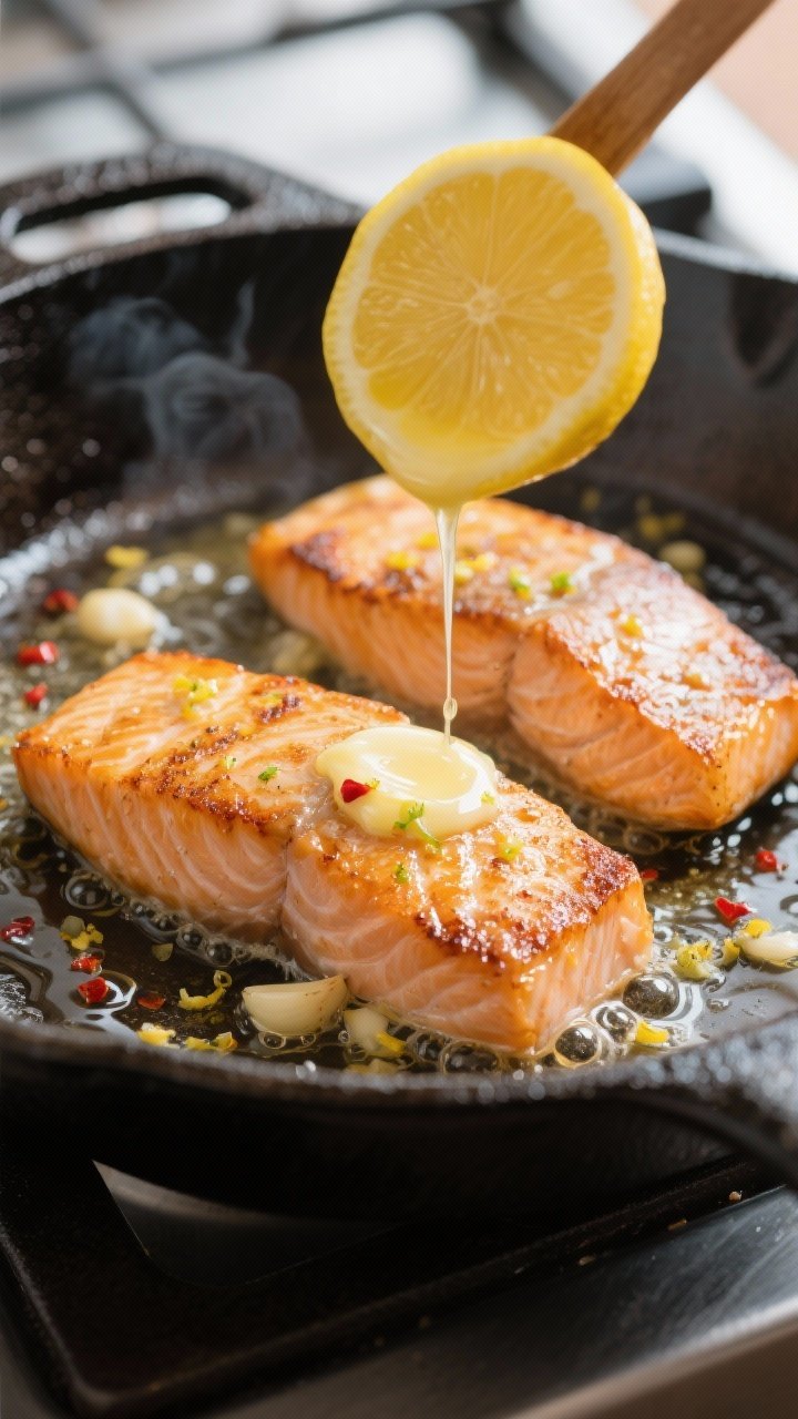 Close-up process shot: Golden-seared salmon fillets in a cast-iron skillet just after flipping, bein