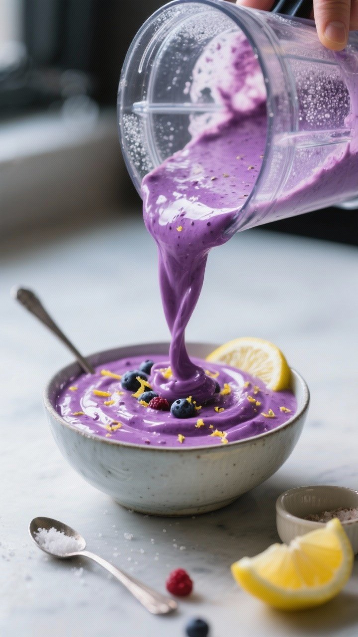 Close-up process shot of the smoothie bowl base being poured thickly from a blender into a chilled b