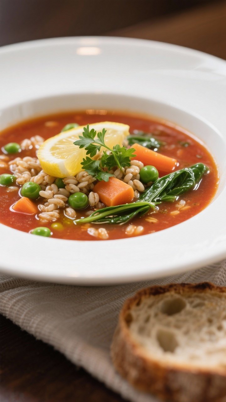 Close-up, restaurant-quality plated bowl of Veggie Barley Soup, beautifully garnished: glossy surfac