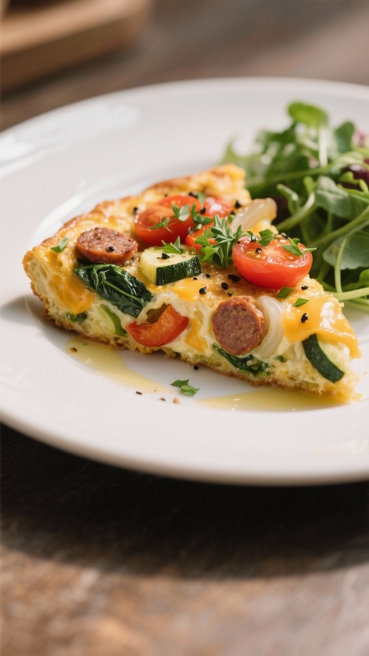 Close-up, shallow depth-of-field slice of the frittata plated on a matte white plate, edge-on to hig