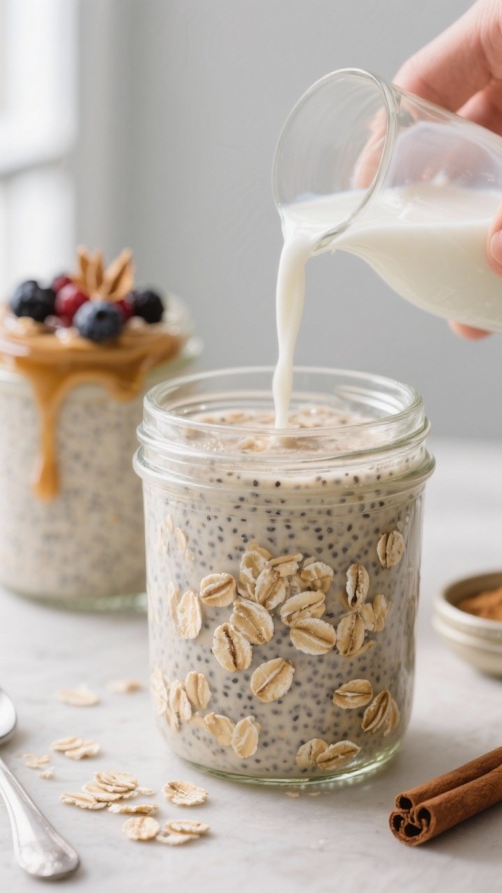 Close-up, side-angle process shot of the prepared oats just after resting: an open 12–16 oz glass 