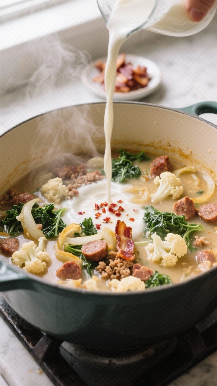 Cooking process: A large Dutch oven on the stovetop with Keto Zuppa Toscana in mid-simmer, showing b
