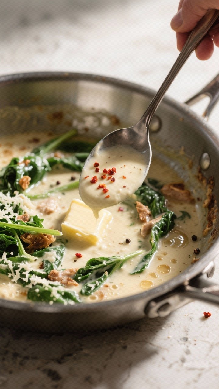 Cooking process: Action shot of the sauce stage in a stainless skillet—parmesan-enriched cream thi
