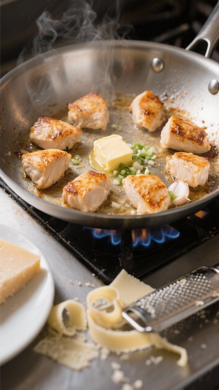 Cooking process action shot: Searing bite-size chicken pieces in a wide stainless-steel skillet, arr