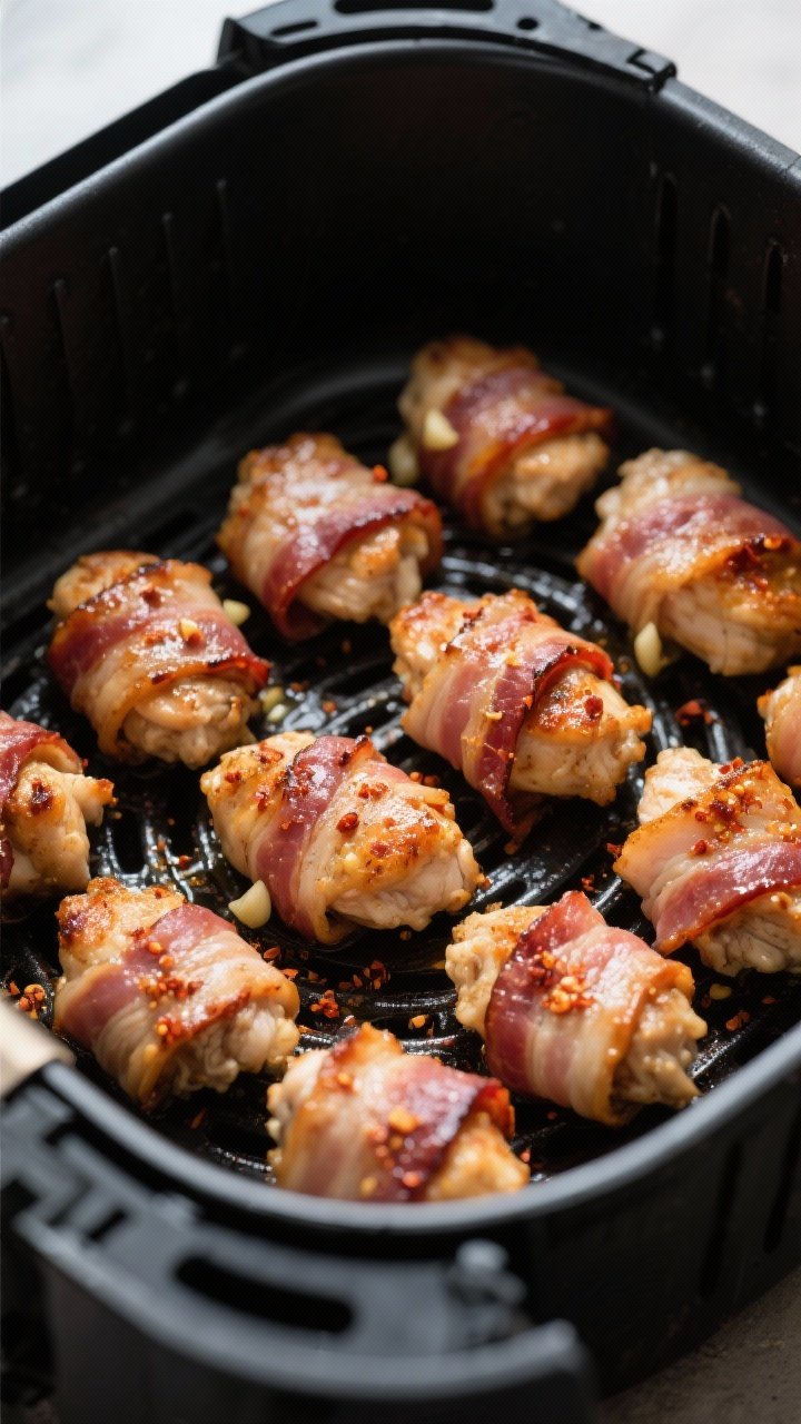 Cooking process: Air fryer basket mid-cook with evenly spaced bacon-wrapped chicken bites turned sea