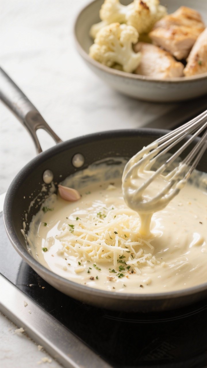 Cooking process: Alfredo sauce being whisked to silky smoothness in a stainless skillet—cream, cre