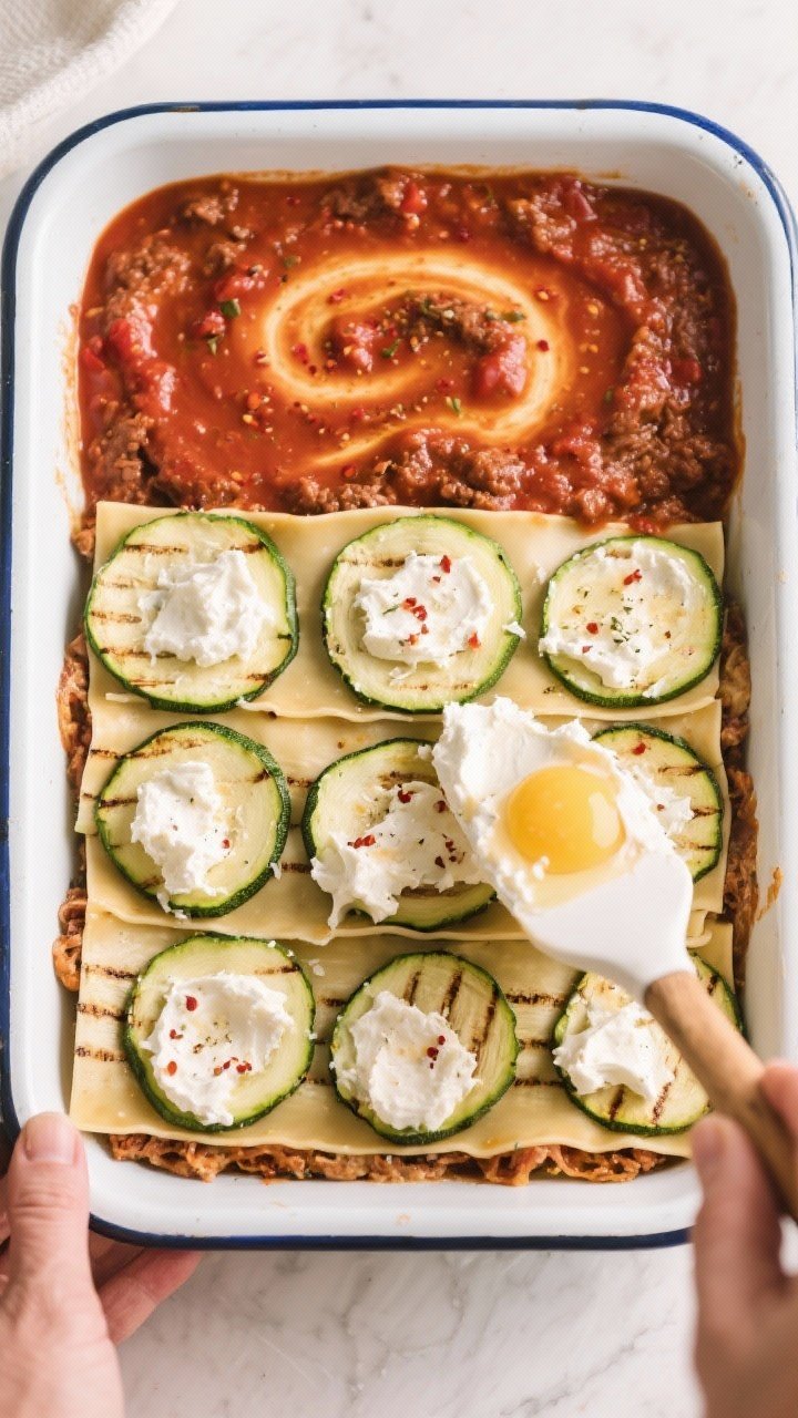 Cooking process: Assembling the keto lasagna in a 9x13 baking dish—overhead shot showing a tidy la