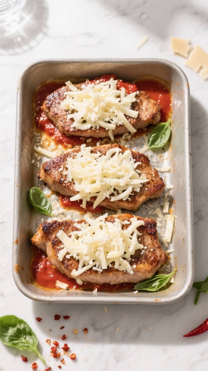 Cooking process assembly: Overhead shot of a lightly oiled baking dish with seared cutlets nestled i