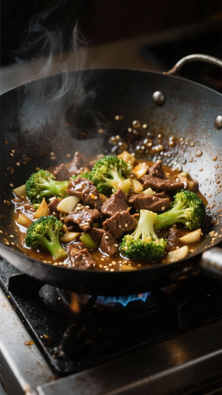 Cooking process: Beef and Broccoli Stir-Fry mid-simmer in a wok as the sauce thickens—broccoli add
