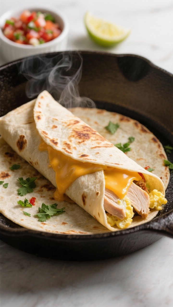 Cooking process close-up: A burrito-style breakfast wrap being toasted seam-side down in a cast-iron