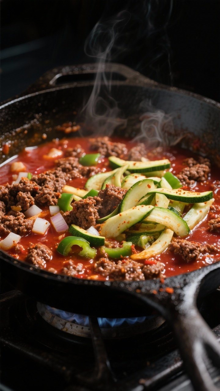 Cooking process close-up: A cast-iron skillet on the stovetop with browned ground beef simmering in 