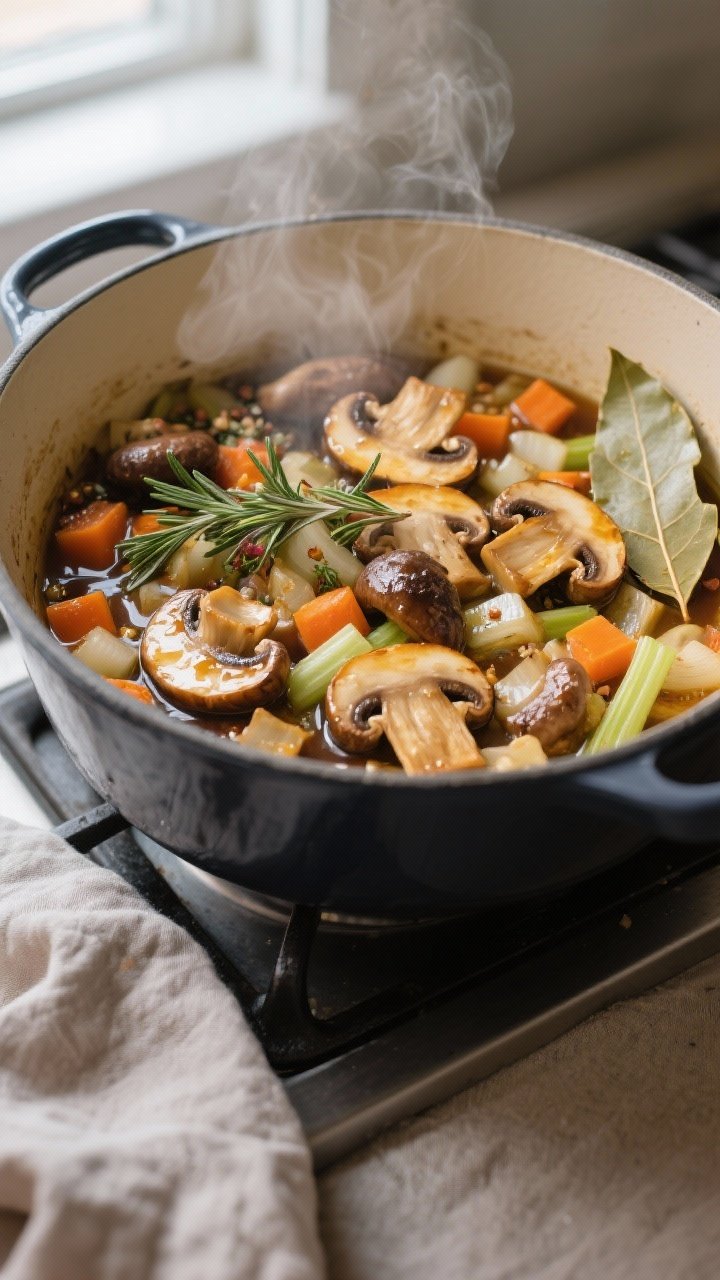 Cooking process close-up: A Dutch oven on the stovetop with the mushroom and aromatics stage just af