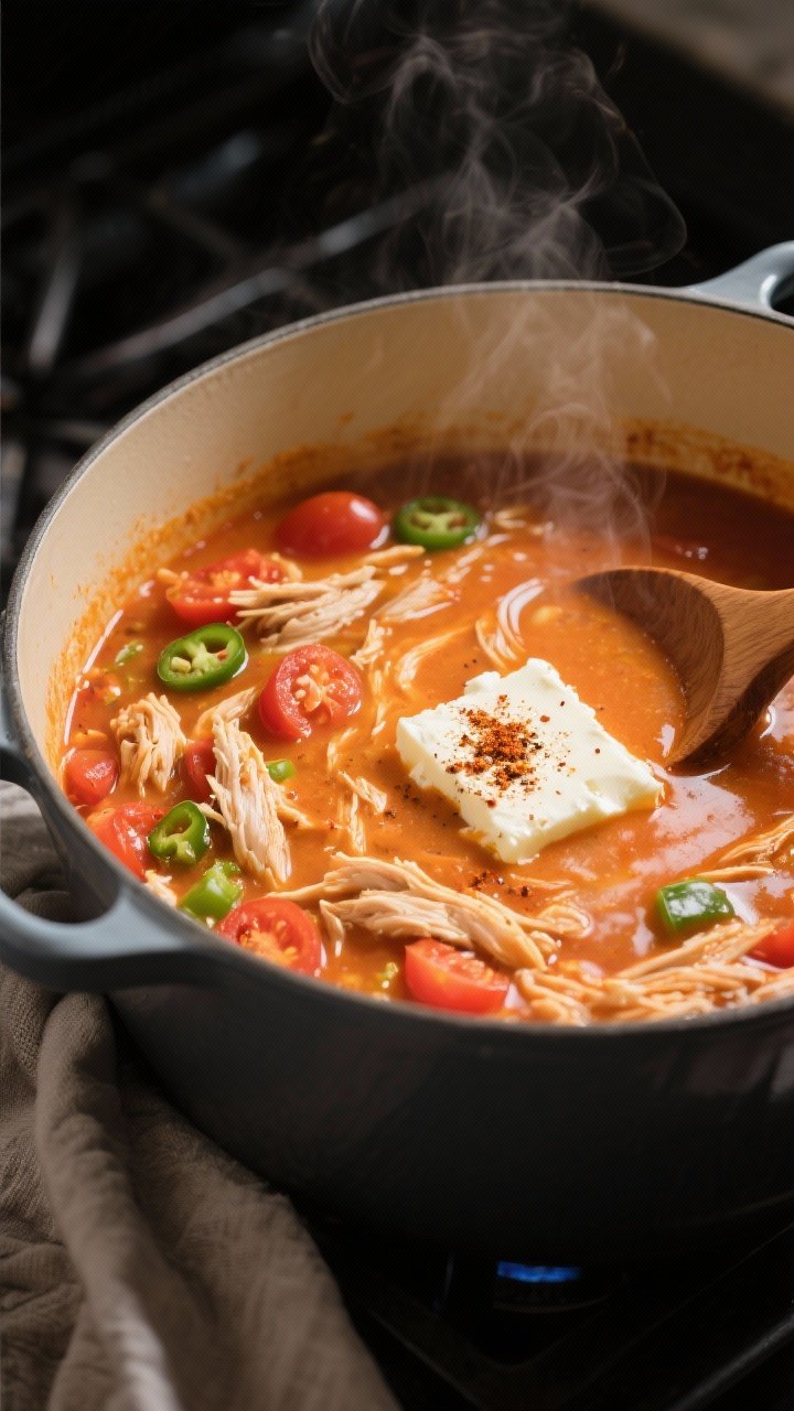 Cooking process close-up: A large Dutch oven of simmering keto chicken enchilada soup at the creamy 