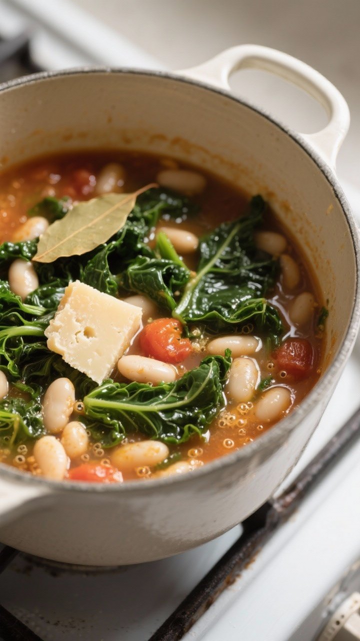 Cooking process close-up: A large enameled Dutch oven at a gentle simmer with Tuscan White Bean & Ka