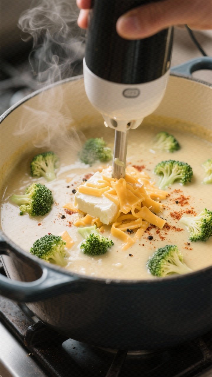 Cooking process close-up: A large pot of simmering Broccoli Cheddar Keto Soup just after partial ble