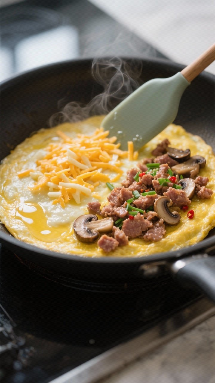 Cooking process close-up: A nonstick skillet over medium-low heat showing the omelette base just set