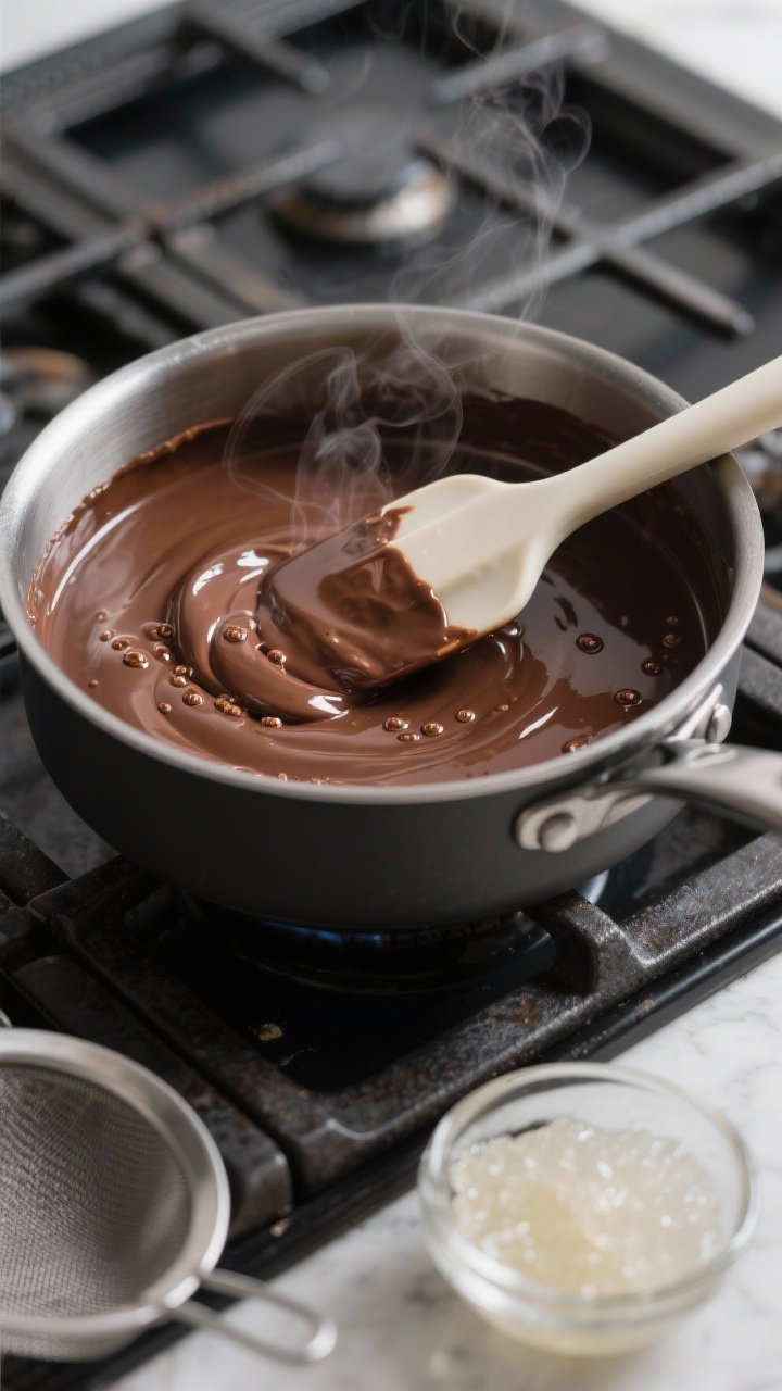 Cooking process close-up: A saucepan of silky keto chocolate custard being gently thickened on low h