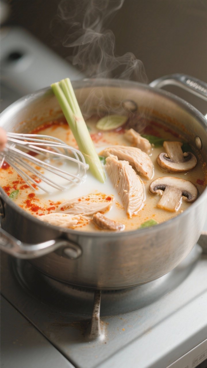 Cooking process close-up: A simmering pot of Keto Thai Coconut Chicken Soup at the moment coconut mi