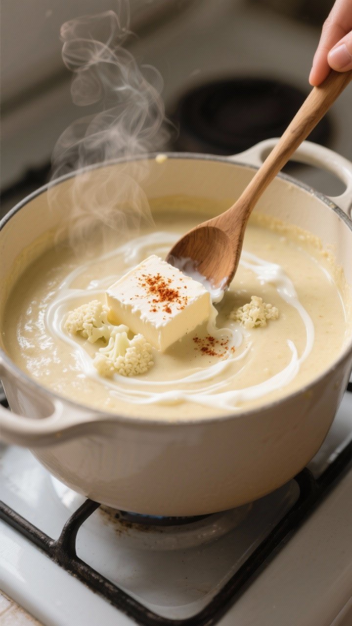 Cooking process close-up: A steaming pot of blended Cheesy Keto Cauliflower Soup just after puréein