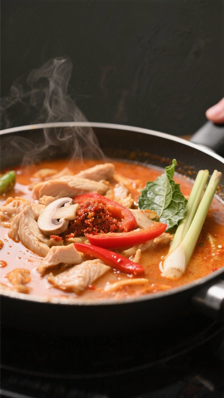 Cooking process close-up: A wide saucepan at a gentle simmer with a silky, orange-red coconut broth 