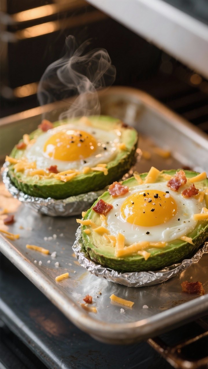 Cooking process close-up: Avocado egg boats baking in the oven at 400°F, two avocado halves cradled