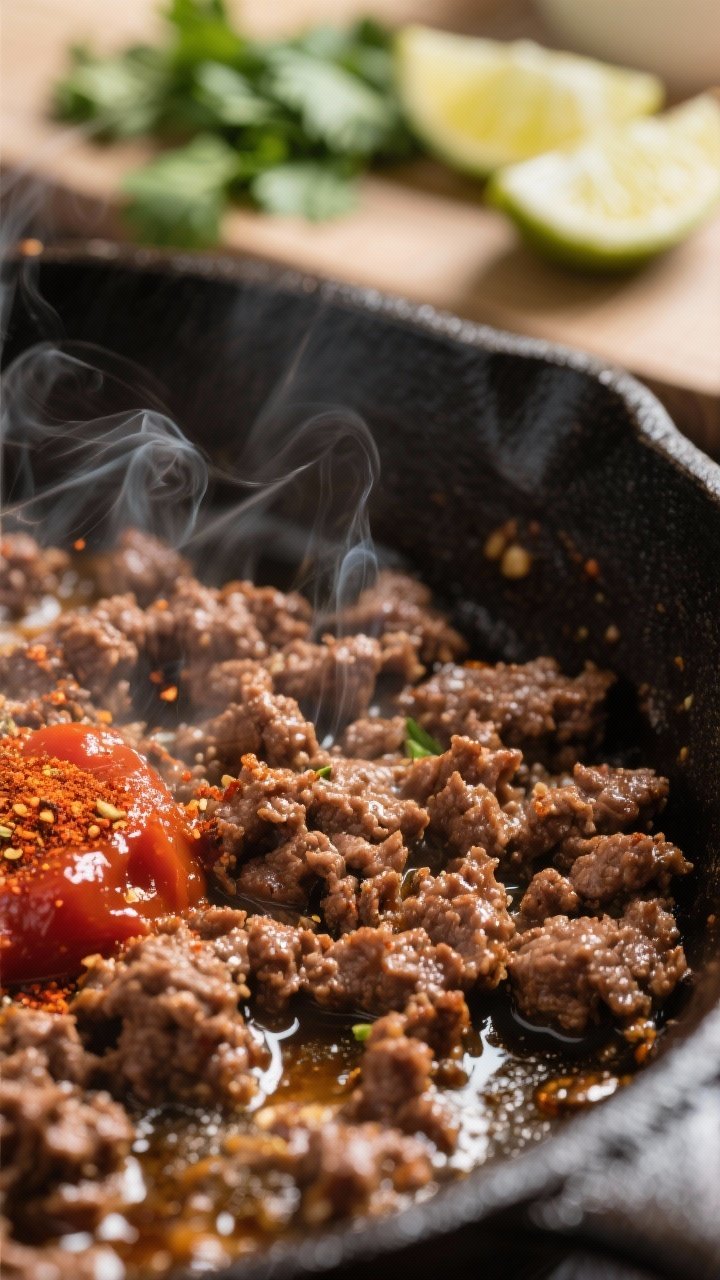 Cooking process close-up: browned ground beef sizzling in a cast-iron skillet after spices and tomat