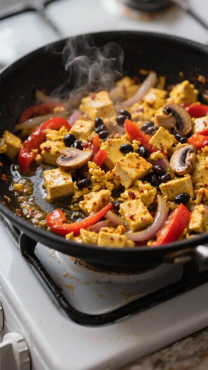 Cooking process, close-up: Close-up of a sizzling tofu scramble mid-cook in a large black skillet, t