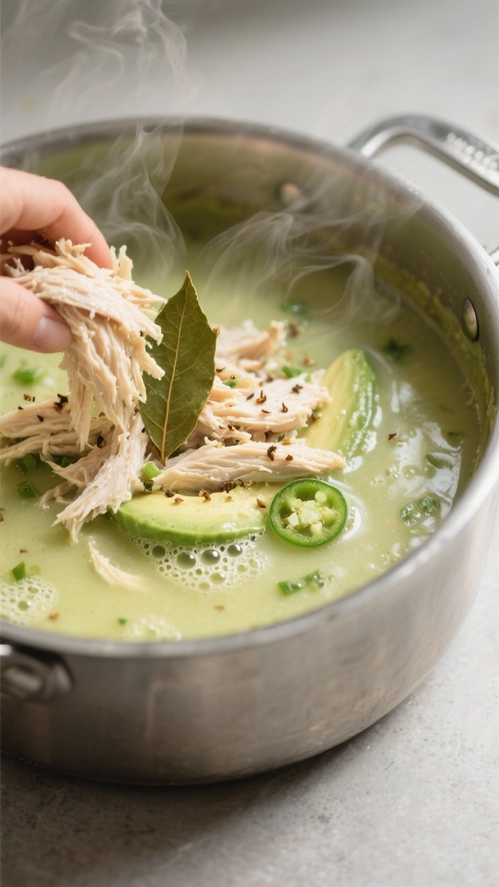 Cooking process, close-up: Close-up of shredded chicken being returned to a simmering pot of keto ch