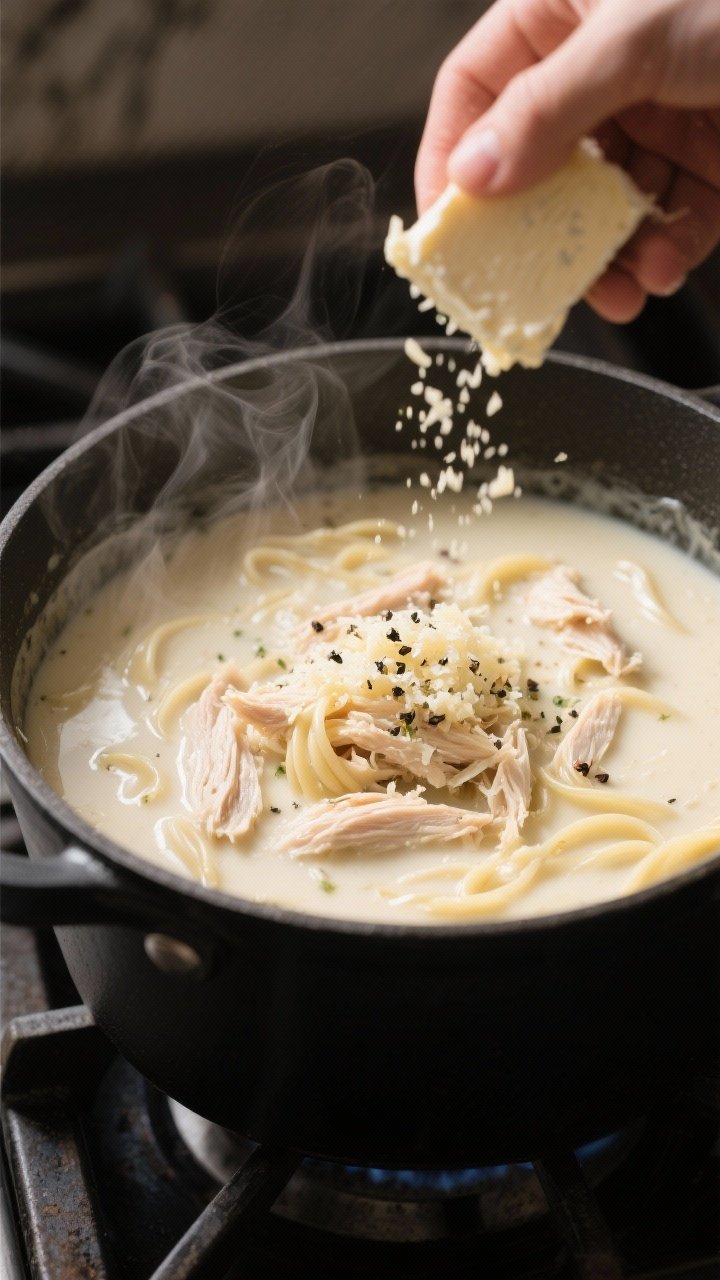 Cooking process close-up: Creamy Chicken Alfredo Soup in a matte-black Dutch oven at the stage where