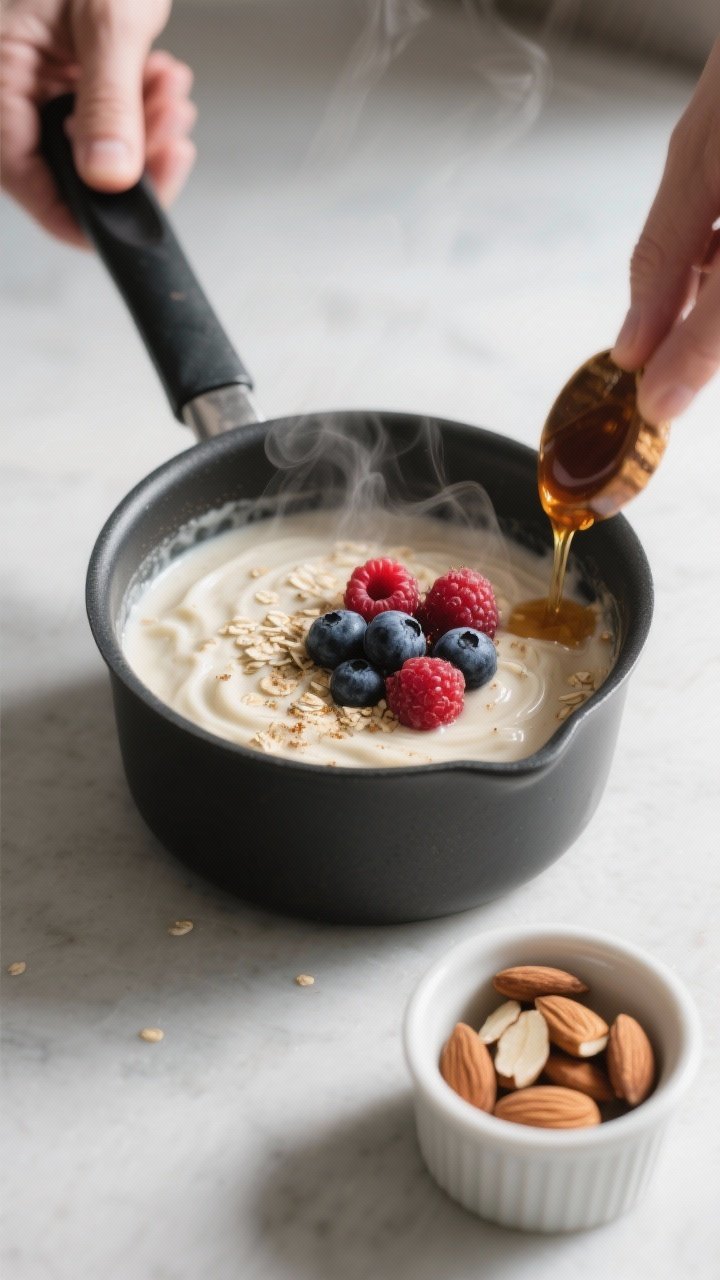 Cooking process close-up: Creamy rolled oats simmering in a small matte-black saucepan, steam rising