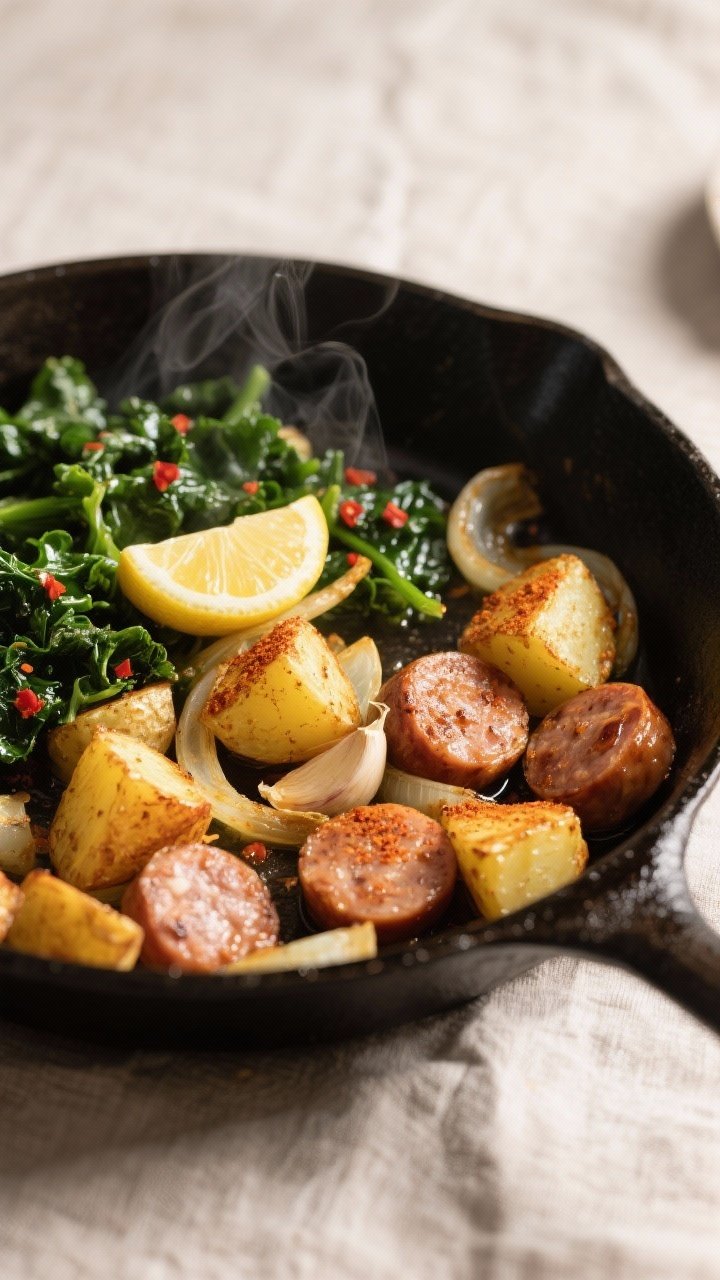 Cooking process close-up: Crisped Yukon gold potato cubes and browned chicken sausage coins sizzling