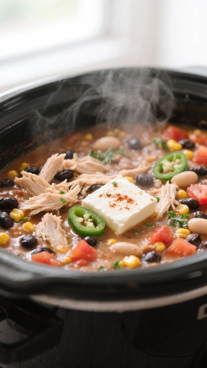 Cooking process close-up: Cubed cream cheese melting into a simmering crockpot of ranch chicken chil