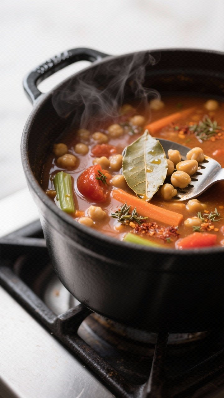 Cooking process, close-up detail: A deep, matte-black Dutch oven on the stovetop with the soup at a 