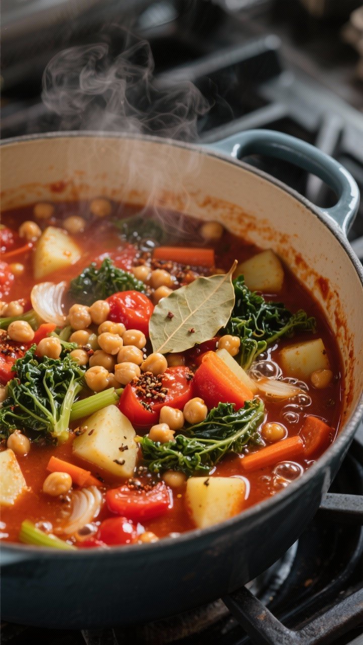 Cooking process, close-up detail: A Dutch oven of simmering chickpea and vegetable stew mid-cook, cl