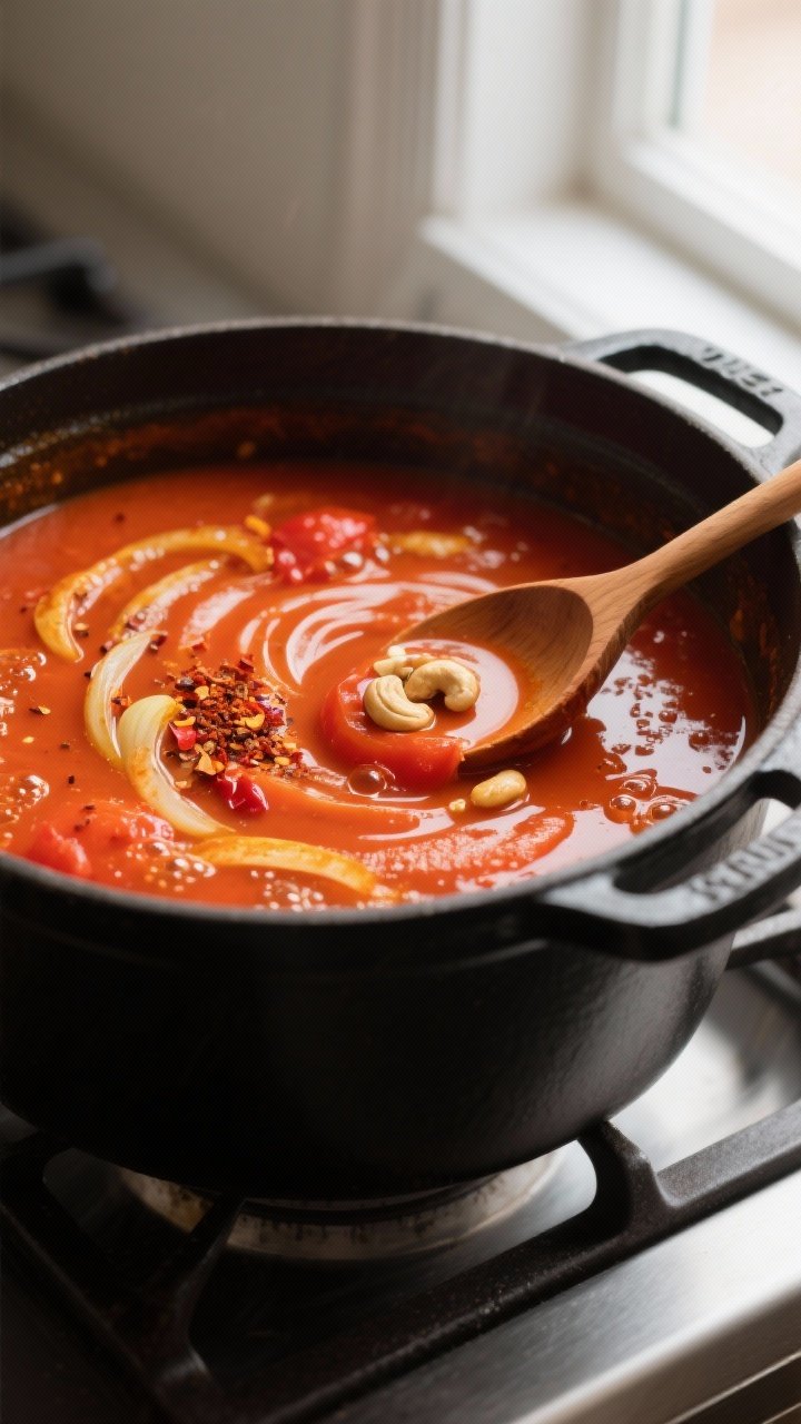 Cooking process, close-up detail: A high-contrast, close-up shot of glossy tomato soup simmering in 