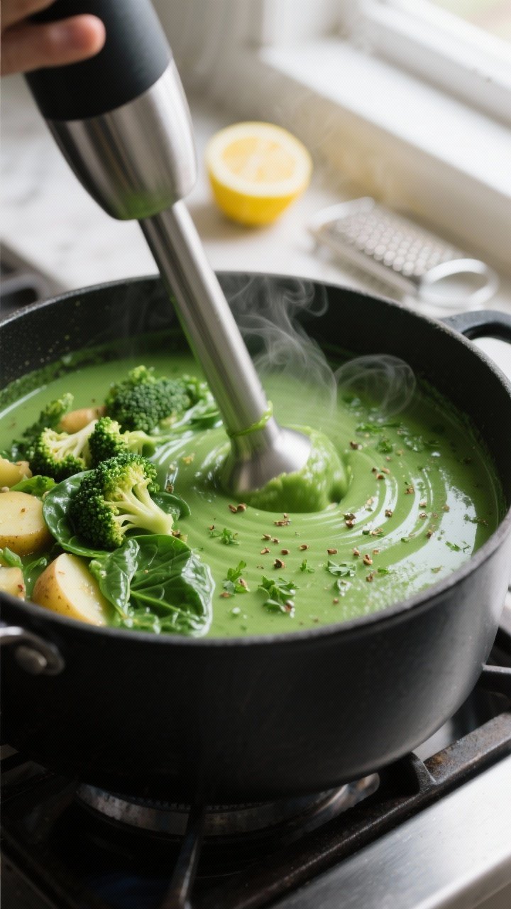 Cooking process, close-up detail: A large matte black pot on the stovetop with the green detox spina
