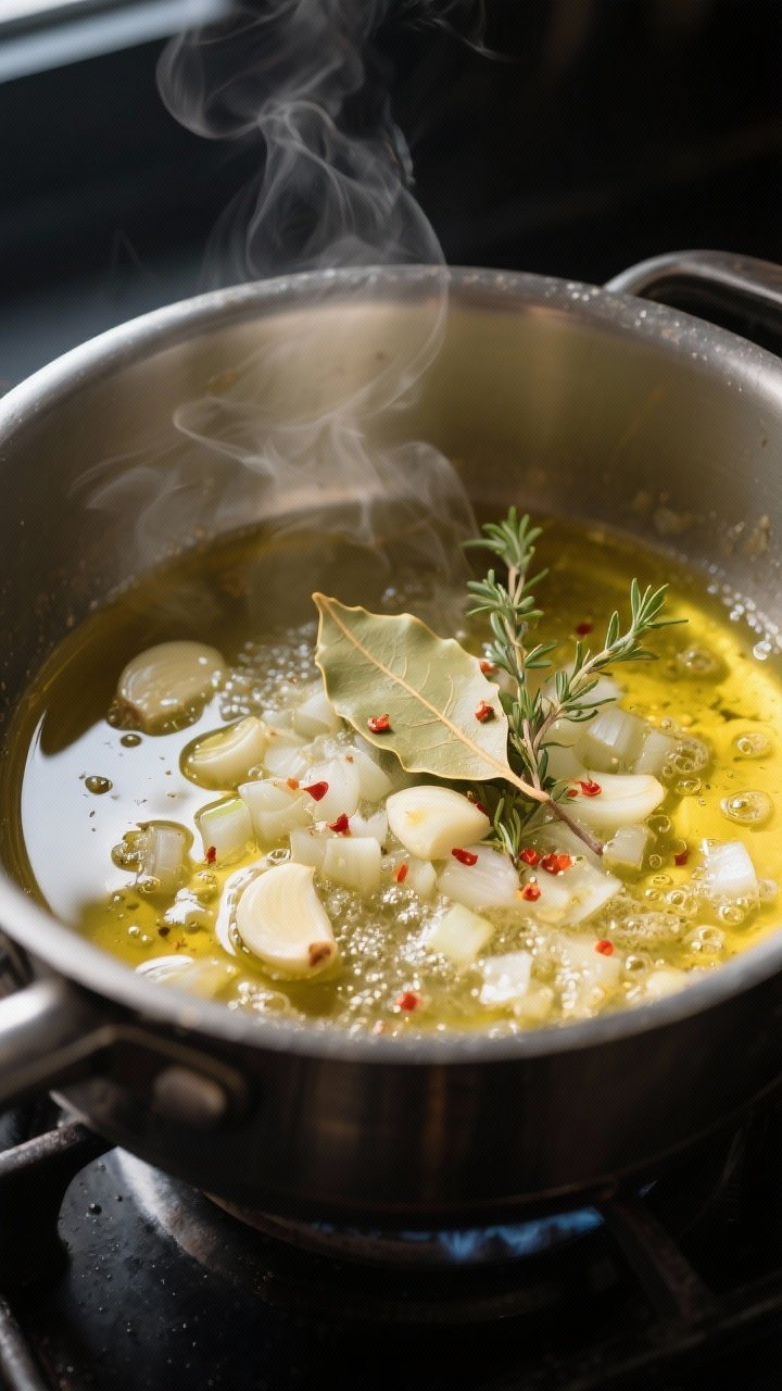 Cooking process, close-up detail: A medium pot on the stovetop with sliced garlic and finely chopped