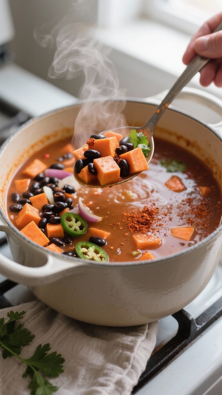 Cooking process, close-up detail: A steaming pot of Spicy Black Bean & Sweet Potato Soup mid-simmer,