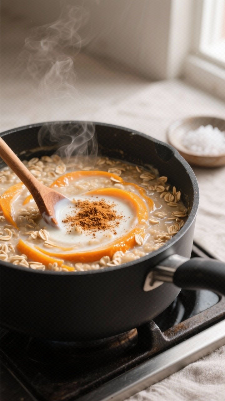 Cooking process, close-up detail: A steamy saucepan of creamy pumpkin spice oatmeal mid-stir on the 