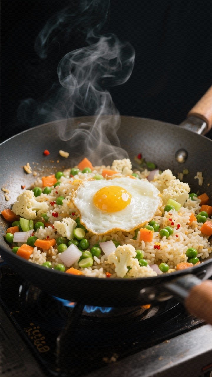Cooking process, close-up detail: Cauliflower fried rice mid-cook in a wide, sizzling wok over mediu