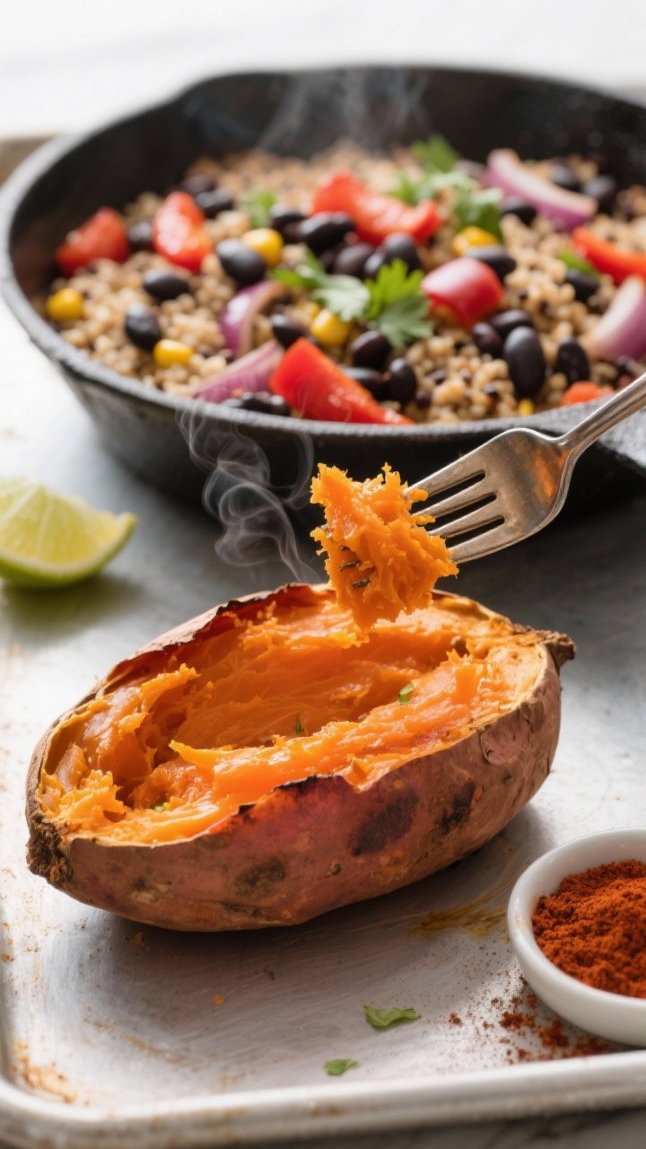 Cooking process, close-up detail: Close-up of a split roasted sweet potato fresh from the oven with 