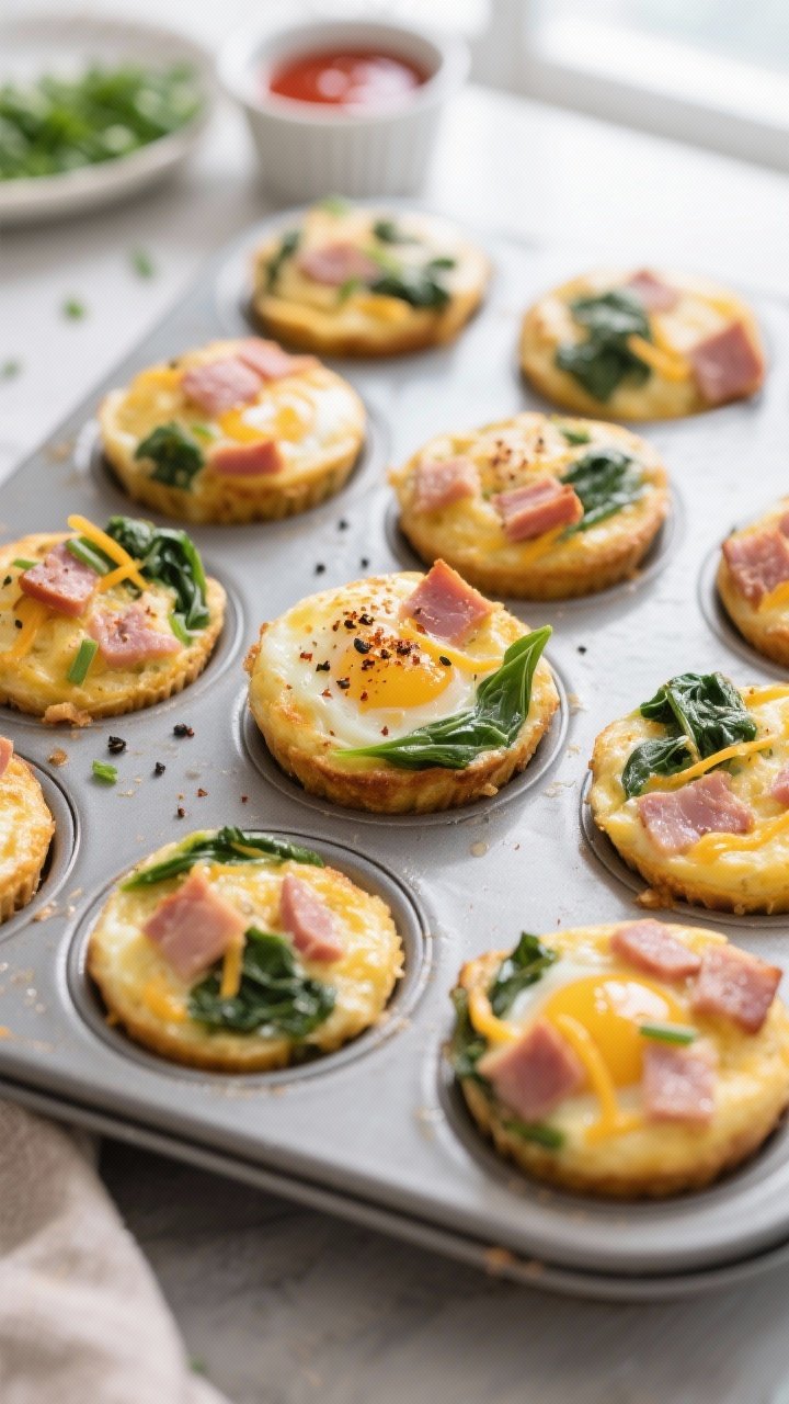 Cooking process, close-up detail: Close-up of golden, freshly baked ham and spinach egg muffins just