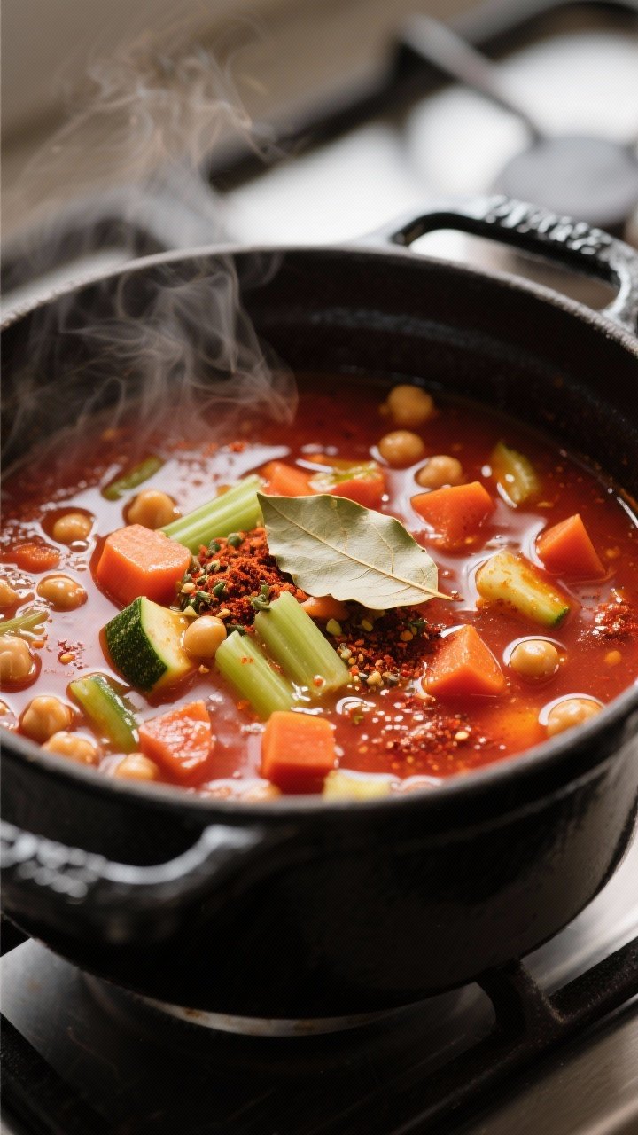 Cooking process, close-up detail: Close-up of Moroccan Harissa Vegetable Soup mid-simmer in a matte 