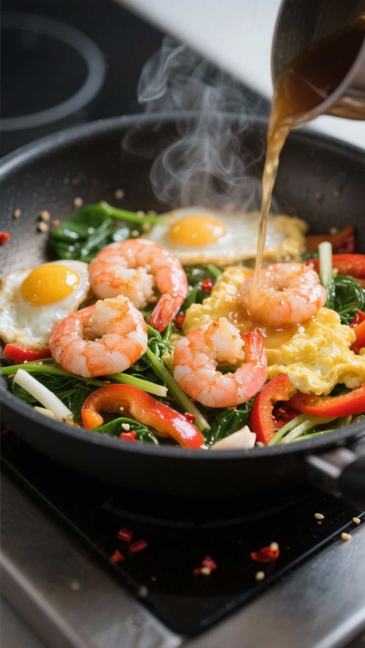 Cooking process, close-up detail: Close-up of shrimp & egg breakfast stir fry mid-cook in a nonstick