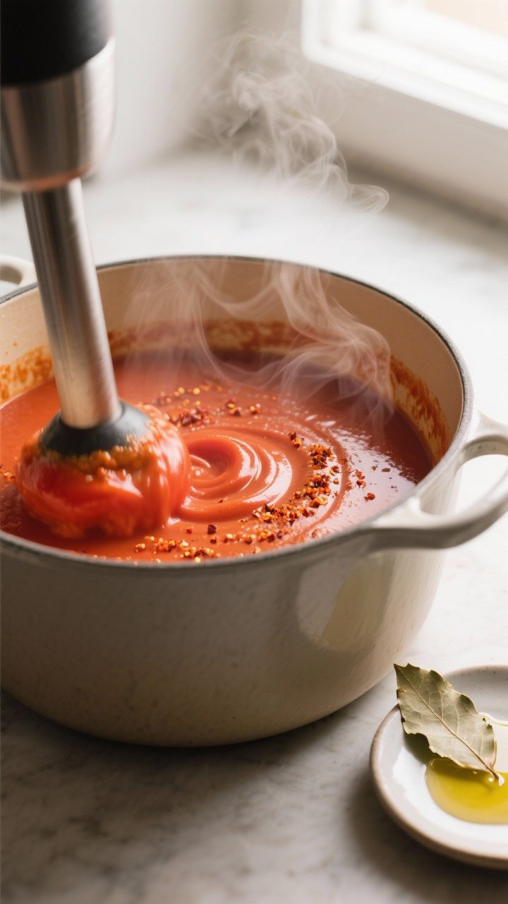 Cooking process, close-up detail: Close-up of silky tomato–red pepper soup being immersion-blended